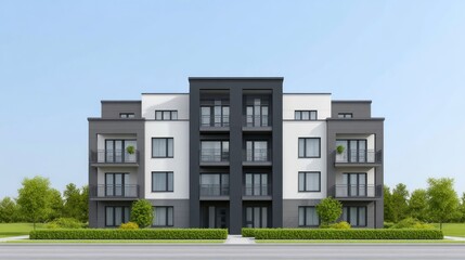 Fototapeta premium Modern Residential Building with Balconies and Green Landscaping