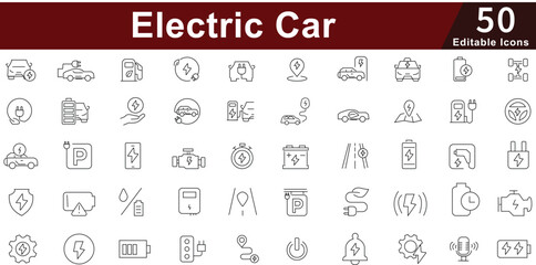 Electric Car Line Icons set - EV, Battery, Eco-Friendly, Power & Future Mobility. Editable Stroke  Vector line icons