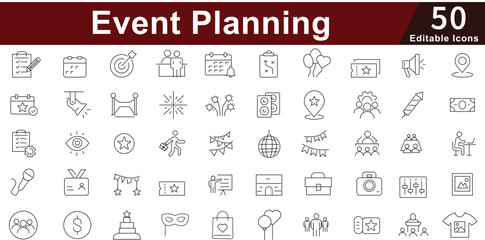 Event Planning Organization Icon Set - 50 Editable Party Celebration Icons for Wedding, Corporate Events and Special Occasions Vector Collection
