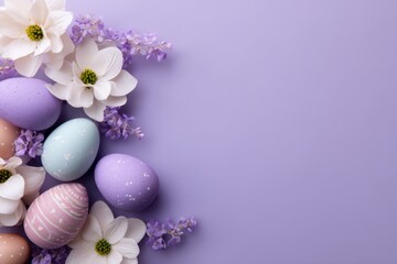 Obraz premium Colorful easter eggs and spring flowers on pastel purple background