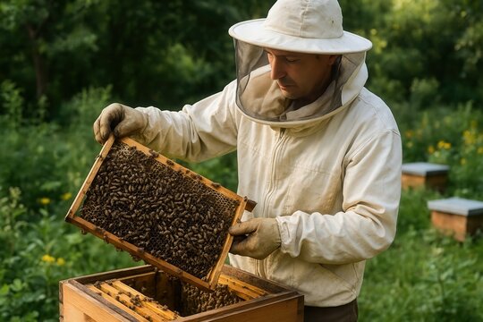 Beekeeper extracting honeycomb from beehive in apiary
