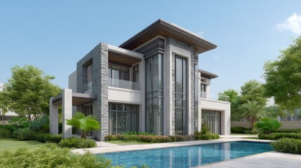 Fototapeta premium Modern Luxury House Design with Pool and Green Landscape