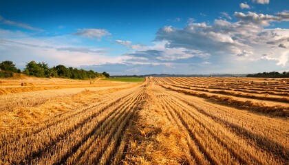 wheat field after harvest mown wheat with straw on field in summer