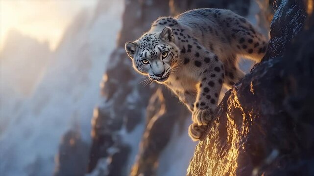 Majestic snow leopard perched on rocky mountain peak at sunset