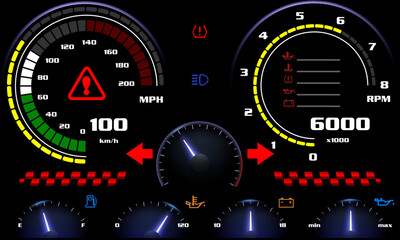 Car dashboard modern automobile control illuminated panel speed display vector illustration.
