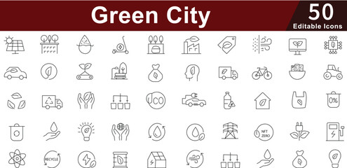 Green City & Sustainability Line Icons set - Ecology, Environment, Eco-Friendly & Nature Vector. Editable Stroke 