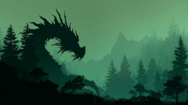 Majestic dragon silhouette in misty forest with mountainous backdrop