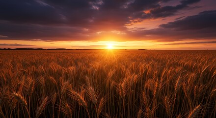 Obraz premium Golden Wheat Field Sunset Dramatic Sky and Vibrant Colors