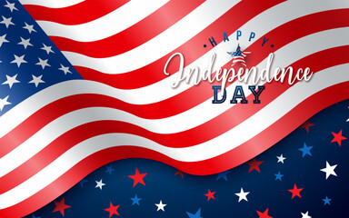 4th of July Independence Day of the USA Vector Illustration with American Flag and Falling Star Confetti on Blue Background. Fourth of July National Celebration Design with Typography Letter for
