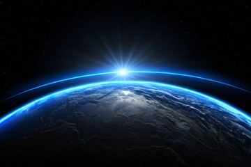 Obraz premium Blue Light Rising from Planet Horizon, Glowing Shine Background. Bright star light shine from the edge of a planet.
