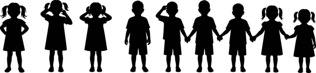 Children silhouette vector bundle, boys and girls holding hands, standing and playing poses, black kids clipart for school, print, teaching, education, craft, and decor