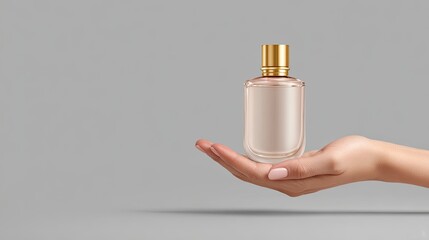 Naklejka premium Elegant Hand Holding Clear Perfume Bottle with Gold Cap Display