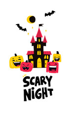 Scary Halloween Night with Haunted Castle and Pumpkins Cartoon Illustration