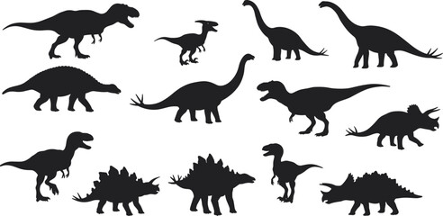 Dinosaur silhouette vector bundle, prehistoric animals graphic set, black Jurassic creatures clipart, T-Rex, Stegosaurus, Triceratops for kids, crafts, education, science, and decoration