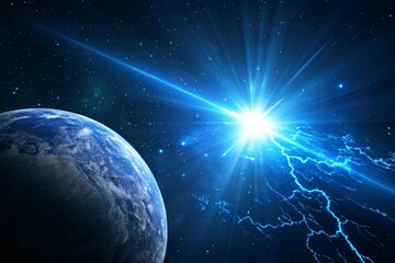 Obraz premium Blue Light Rising from Planet Horizon, Glowing Shine Background. Bright star light shine from the edge of a planet.