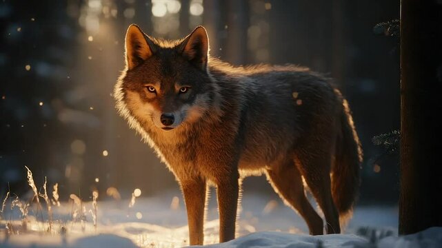 Majestic wolf standing in snowy forest at sunrise