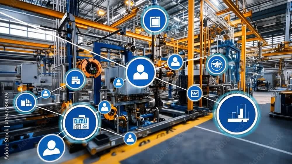 Poster a modern factory with connected digital icons overlaying. the scene showcases industrial automation 