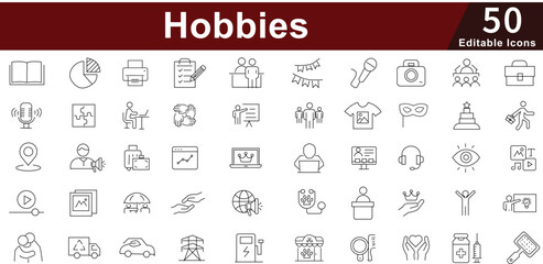 Hobbies Icon Set - 50 Editable Leisure Activity Icons for Creative Crafts, Sports and Entertainment Vector Collection