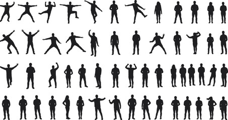 Collection of people silhouette poses, male and female figures standing, walking, dancing, celebrating, hands up, expressive body language, vector black human shapes on white