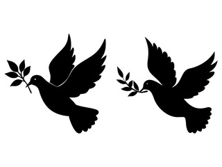 Obraz premium Set of flying dove with branch holding full black silhouette vector illustration design