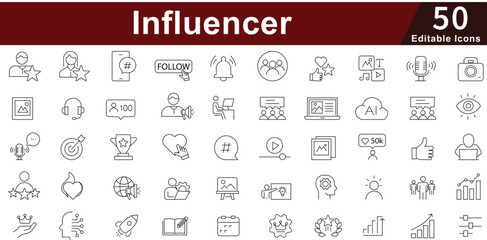 Influencer Social Media Icon Set - 50 Editable Content Creator Icons for Digital Marketing, Brand Partnership and Online Engagement Vector Collection