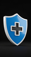 Obraz premium Blue shield icon with white border and black plus symbol, presented on a dark background. 3D rendered symbol for health, security or protection in a digital format.