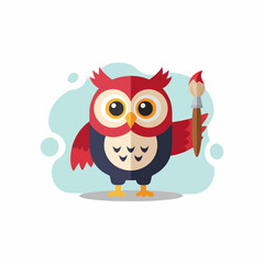 Cute Cartoon Owl Artist With Paintbrush Flat Vector Illustration