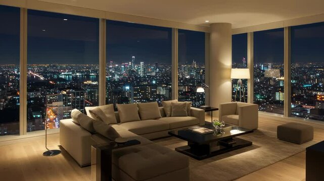 Luxury Penthouse Interior with Stunning City Views at Night Perfect for Real Estate