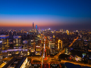 Fototapeta premium Aerial view of Shanghai skyline in downtown at night.