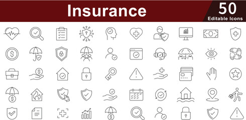 Insurance Protection Icon Set - 50 Editable Coverage Security Icons for Health, Auto, Life and Property Insurance. Editable Stroke 