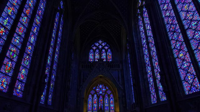 Interior of Sainte Chapelle in Paris with Detailed Stained Glass Windows