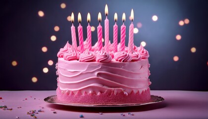 pretty pink birthday cake with pink frosting and nine pink birthday candles