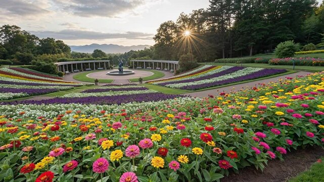  A vibrant flower garden in full bloom, featuring colorful zinnias and neatly arranged flower beds