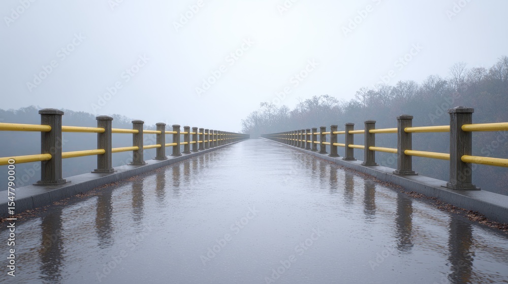 Poster misty reservoir bridge with yellow rails and reflections in water