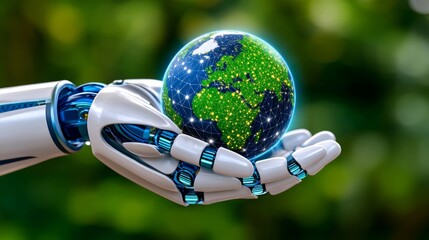 Futuristic robotic hand holding illuminated digital earth with green background