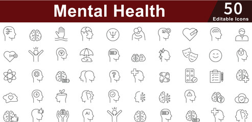 Mental Health Icon Set - 50 Editable Psychology Support Icons for Therapy, Mindfulness and Emotional Care. Editable Stroke 