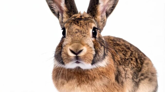 Detailed close-up portrait of a brown European hare with prominent ears, focused on facial features against a plain white backdrop