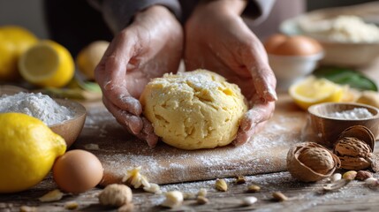 Fototapeta premium Ingredient lemon truffles. Hands holding dough surrounded by ingredients like lemons, flour, and nuts on a wooden surface.