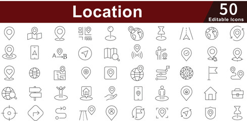 Location & Navigation Line Icons set - Map, Pin, GPS, Direction, Pointer, Travel Vector Set. Editable Stroke 