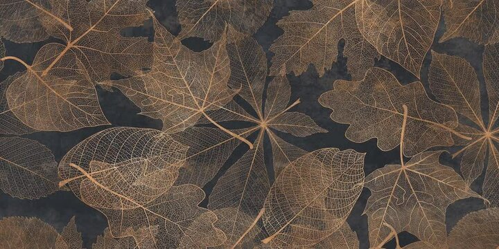 Elegant brown leaf pattern with transparent skeleton texture, seamless dark background for wallpaper, tiles, fabric, autumn decor, or digital use