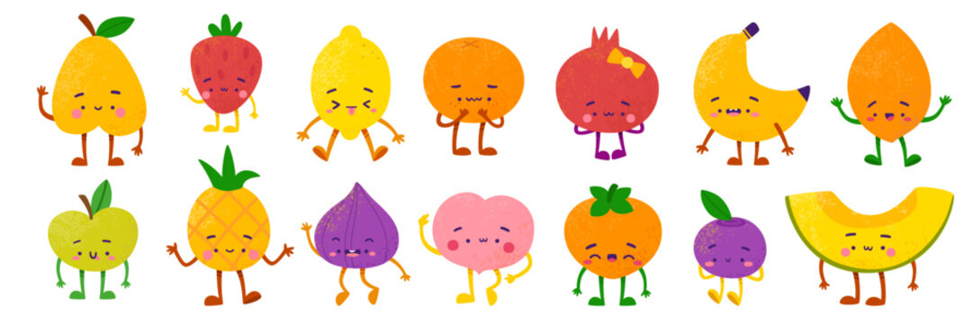 Cute fruits and berries characters set. Cartoon fruits vector mascots collection.