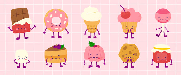 Cute textured sweet food set. Cartoon vector desserts collection. Adorable sweets bundle.