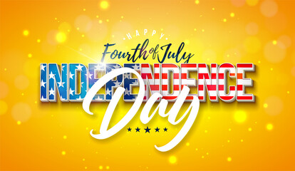 Fourth of July Independence Day of the USA Banner Illustration with American Flag in 3d Typography Lettering on Shiny Yellow Background. Vector 1776 4th of July National Celebration Design for Flyer