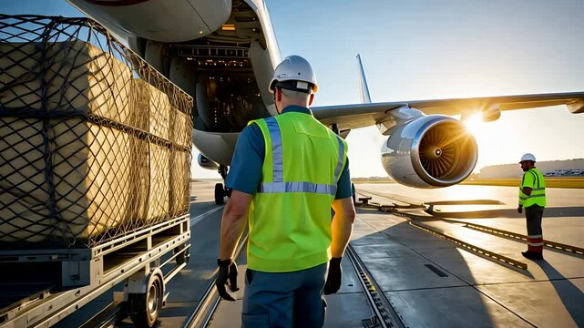Airport logistics worker loading cargo into airplane during sunrise with safety gear and active runway view