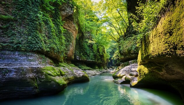 martvili canyon in georgia features stunning rock formations covered in vibrant green moss creating a picturesque scene along the abasha river with clear water flowing through the canyon