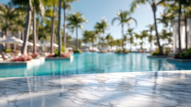 Marble tabletop with blurred tropical pool background