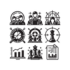 Comprehensive Target Icons Collection Featuring Aim, Goal Setting, Business Success, Accuracy, Purpose Direction, Arrow Hitting Center, Strategic Focus, and Challenge Achievement Symbols in Vector For