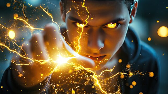 A person with a bright, energized expression, holding a lightning bolt symbol, showcasing zapping energy. - Powered by Adobe