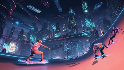 Cyberpunk Cityscape: Futuristic Skateboarding Scene with Hovering Vehicles and Neon Lights - Powered by Adobe
