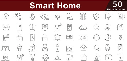Smart Home & Security Line Icons set - Automation, IoT, Control, Safety & Technology Vector. Editable Stroke 